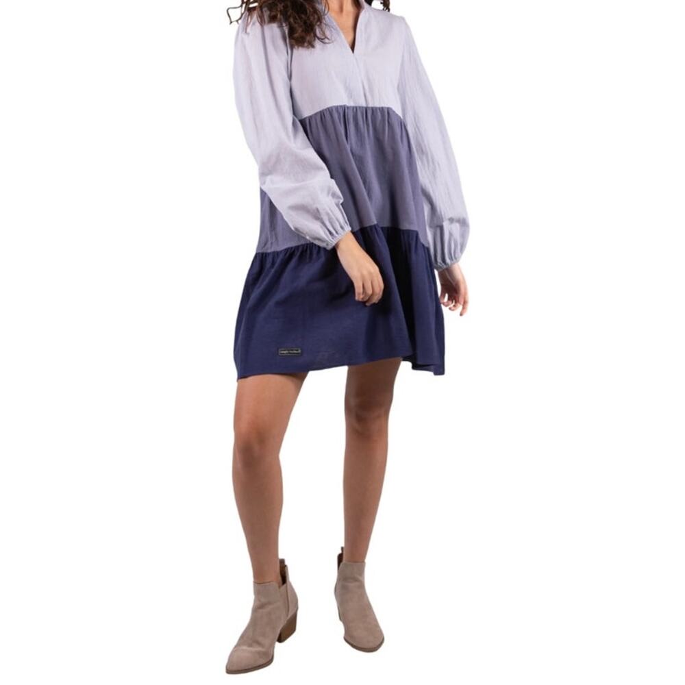 Simply Southern Blue Tiered drop waist Women's Baby Doll tiered dress, Small